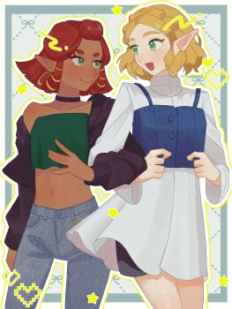 2girls alternate_costume artist_name black_choker blonde_hair blue_background blue_pants blush braid breasts buttons chain choker closed_mouth collarbone couple crop_top crown_braid dark-skinned_female dark_skin denim dress ear_piercing gerudo green_eyes hair_ornament heart highres jeans jewelry locked_arms long_sleeves looking_at_another makeup midriff multiple_girls nameko_(nanakake2) navel necklace nintendo off_shoulder open_mouth outline pants patterned_background piercing pointy_ears princess_zelda red_hair riju short_hair side-by-side sidelocks single_bare_shoulder smile strapless sweater the_legend_of_zelda the_legend_of_zelda:_tears_of_the_kingdom thick_eyebrows tube_top twitter_username white_background white_dress yellow_outline yuri