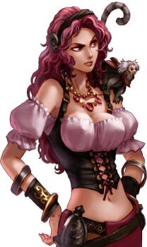 1girl bandai_namco barbara_(soulcalibur) breasts cleavage cutlass gem hairband hands_on_own_hips highres jewelry kawano_takuji large_breasts long_hair midriff monkey monkey_tail namco navel necklace official_art pirate rapier red_gemstone soul_calibur soulcalibur_legends sword tail weapon