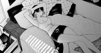 1girl alternate_costume anissa047 armpits arms_on_head arms_up artist_name black_hair black_shorts breasts candy cleavage closed_eyes collarbone colored_inner_hair commentary crop_top curtains dolphin_shorts ellen_joe english_commentary feet_out_of_frame fins fish_tail food greyscale head_on_pillow highres indoors lamp large_breasts lollipop lying midriff monochrome multicolored_hair nail_polish navel on_back on_bed open_mouth pillow scar scar_on_tail shark_girl shark_tail shirt short_hair shorts solo tail white_shirt zenless_zone_zero