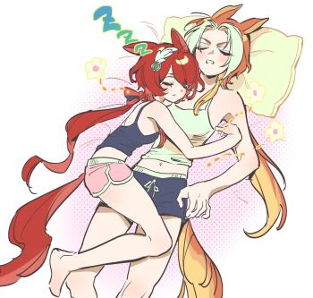 2girls animal_ears black_shorts black_tank_top breasts closed_eyes colored_inner_hair commentary cuddling dot_nose ear_ornament feather_hair_ornament feathers hair_intakes hair_ornament halftone halftone_background happy_aura head_on_pillow highres horse_ears horse_girl horse_tail kerberos_(kerbe_) knee_up leg_on_another's_leg long_hair low_twintails lying medium_breasts midriff_peek multicolored_hair multiple_girls on_back on_side orange_hair orfevre_(umamusume) pajamas parted_lips pillow pink_shorts red_hair red_tail short_shorts shorts size_difference sleeping sleeping_on_person sleeping_together streaked_hair tail tank_top teeth triangle_mouth twintails umamusume untranslatable_commentary v-shaped_eyebrows white_background white_streaks white_tank_top win_variation_(umamusume) yellow_pillow zzz