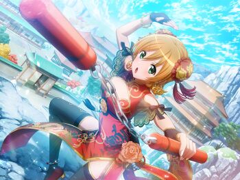 1girl architecture bead_bracelet beads black_gloves black_thighhighs blue_sky bracelet breasts brown_hair building bun_cover china_dress chinese_clothes cleavage cleavage_cutout clothing_cutout daiba_nana day double_bun dress dutch_angle earrings east_asian_architecture fingerless_gloves floral_print game_cg gloves green_eyes hair_bun holding holding_nunchaku holding_weapon jewelry looking_at_viewer medium_breasts motion_blur nunchaku official_art open_mouth red_dress red_shoes shoes shoujo_kageki_revue_starlight shoujo_kageki_revue_starlight_-re_live- side_slit sky solo standing standing_on_one_leg thighhighs v-shaped_eyebrows weapon