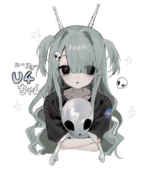 Rule 34 | 1girl, alien, alien hair ornament, antennae, aqua hair, black eyes, black shirt, hayu (hayu0305), logo, long hair, looking at viewer, nasa logo, original, shirt, short sleeves, t-shirt, two side up, upper body, white background