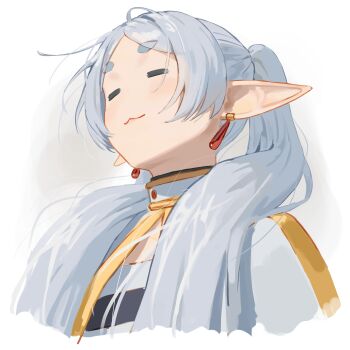 1girl :3 =_= absurdres blush capelet carlo_montie closed_eyes closed_mouth cropped_torso earrings elf floating_earrings frieren grey_hair highres jewelry long_hair meme parted_bangs pointy_ears simple_background solo sousou_no_frieren teardrop_earrings twintails upward_angle_frieren_drawing_(meme) white_background white_capelet white_hair