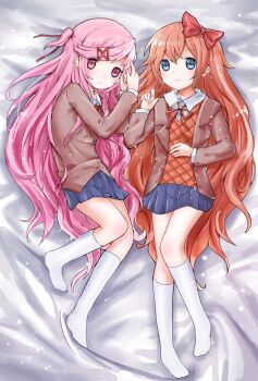 Rule 34 | 2girls, absurdres, alternate hair length, alternate hairstyle, bed sheet, blazer, blue eyes, blue skirt, bow, brown jacket, brown sweater, buttons, closed mouth, collared shirt, dakimakura (medium), doki doki literature club, doki doki literature club school uniform, double-parted bangs, flat chest, frown, full body, hair between eyes, hair bow, hair ribbon, hand on own stomach, hand up, hands up, highres, jacket, kneehighs, knees together feet apart, lapels, layered sleeves, light particles, long hair, long sleeves, looking at viewer, lying, miniskirt, multiple girls, natsuki (doki doki literature club), neck ribbon, no shoes, on back, on bed, on side, one side up, open clothes, open jacket, orange hair, pink eyes, pink hair, pleated skirt, red bow, red ribbon, ribbon, sayori (doki doki literature club), school uniform, shirt, sidelocks, simple background, skirt, socks, sweater, swept bangs, tareme, very long hair, white background, white shirt, white socks, zhentan10806