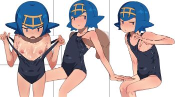 1boy 1girl :/ bare_arms bare_shoulders black_one-piece_swimsuit blue_eyes blue_hair clothes_pull commentary cowboy_shot cum cum_in_clothes cum_on_chest cum_on_clothes cum_stain cum_through cum_through_clothes cumdrip ejaculation_under_clothes flashing flat_chest hairband hetero highres invisible_chair lana_(pokemon) loli multiple_views nintendo nipple_slip nipples no_sclera one-piece_swimsuit one-piece_swimsuit_pull penis penis_to_breast penis_under_another's_clothes pokemon pokemon_sm pulling_own_clothes short_hair sitting sorian66 stained_clothes swimsuit wet wet_clothes yellow_hairband