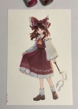 Rule 34 | 1girl, ascot, bow, brown hair, brown shoes, closed mouth, collared shirt, commentary request, detached sleeves, frilled bow, frilled hair tubes, frilled shirt collar, frills, full body, gohei, hair tubes, hakurei reimu, highres, holding, holding gohei, loafers, long hair, long sleeves, looking at viewer, marker, marker (medium), red eyes, red ribbon, red shirt, red skirt, ribbon, ribbon-trimmed sleeves, ribbon trim, shiratama (hockey), shirt, shoes, skirt, skirt hold, sleeveless, sleeveless shirt, smile, socks, solo, standing, touhou, traditional media, white sleeves, white socks, wide sleeves, yellow ascot