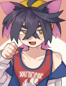 1boy animal_ear_fluff animal_ears black_hair blush crossed_bangs fang hair_between_eyes hairband highres hykchiba jacket kemonomimi_mode kieran_(pokemon) long_sleeves male_focus multicolored_hair nintendo off_shoulder open_clothes open_jacket open_mouth pink_hair pokemon pokemon_sv red_tank_top solo sweat tank_top upper_body white_jacket yellow_eyes yellow_hairband