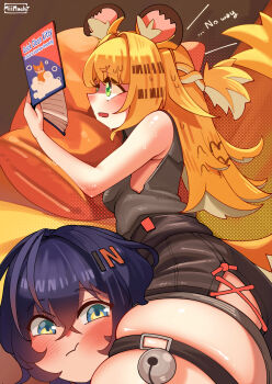 2girls animal_ear_fluff animal_ears bell belle_(zenless_zone_zero) between_thighs blue_eyes blue_hair blush book commentary english_commentary english_text green_eyes hair_between_eyes highres holding holding_book i&#039;m_this_clingy_(meme) ju_fufu long_hair lying meme miimach7 multiple_girls open_mouth orange_hair pillow reading shorts skindentation tail thick_thighs thigh_strap thighs zenless_zone_zero