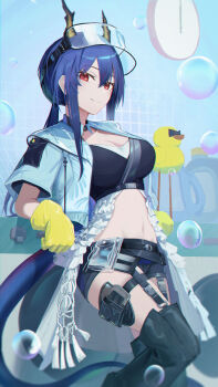 Rule 34 | 1girl, arknights, bandeau, black bandeau, black boots, black shorts, blue hair, blue tail, boots, breasts, ch'en (arknights), ch'en the holungday (arknights), dragon girl, dragon horns, dragon tail, eastern dragon horns, eastern dragon tail, frills, gloves, goggles, goggles on head, highres, horns, jacket, large breasts, leaning back, lodbyy, long hair, midriff, navel, open clothes, open jacket, ponytail, red eyes, short-sleeved jacket, short shorts, short sleeves, shorts, sidelocks, smile, solo, split mouth, tail, thigh boots, thigh strap, white jacket, yellow gloves