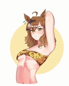 1girl absurdres ahoge animal_ears arm_up blackuma blush breasts brown_eyes brown_hair closed_mouth commentary cropped_torso highres horse_ears horse_girl jungle_pocket_(umamusume) looking_at_viewer navel ribs simple_background solo sweatdrop two-tone_background umamusume white_background yellow_background