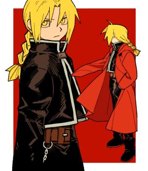 Rule 34 | 1boy, amputee, belt, black boots, black jacket, black pants, blonde hair, boots, border, brown belt, closed mouth, coat, collared shirt, cowboy shot, edward elric, frown, full body, fullmetal alchemist, hand in pocket, highres, jacket, long hair, long sleeves, looking at viewer, ls182 520, male focus, multiple views, outside border, pants, parted hair, ponytail, red background, red coat, shirt, standing, white border, yellow eyes