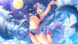 1girl animal armpits ball beach beachball bikini bikini_skirt bird black_bikini blue_hair blue_skirt blue_sky bracelet breasts bridget_(deep_one) cloud cloudy_sky contrail day deep_one_kyomu_to_mugen_no_fragment diffraction_spikes dolphin fish flower gintarou_(kurousagi108) glint hair_flower hair_ornament hibiscus highleg inflatable_toy jewelry lens_flare light_rays long_hair medium_breasts navel non-web_source ocean open_mouth outdoors planet purple_eyes red_flower sarong seagull skirt sky solo sparkle sun sunbeam sunlight swimsuit thigh_strap thighs underboob very_long_hair volleyball water whale