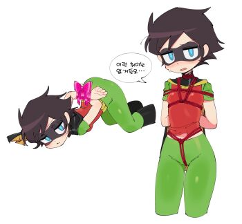 1girl arms_behind_back batrobin_k bdsm black_hair blue_eyes blush bodysuit bondage boots bound bound_arms bow breasts cropped_legs domino_mask eye_mask highres korean_text looking_at_viewer mask multiple_views open_mouth original pink_bow red_rope robin_(batrobin_k) rope shibari shibari_over_clothes short_hair simple_background speech_bubble superhero_costume white_background