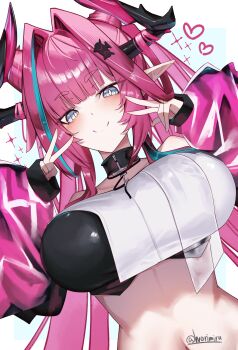 1girl absurdres arknights arknights:_endfield blue_eyes blue_hair blush breasts collar dragon_horns highres horns large_breasts long_hair looking_at_viewer midriff multicolored_hair pink_hair smile solo sparkle upper_body v worimiru yvonne_(arknights)