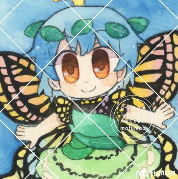 Rule 34 | 1girl, antennae, artist name, blue background, blue hair, butterfly wings, chibi, chibi only, closed mouth, commentary, dated, dress, eternity larva, fairy, green dress, hair ornament, highres, insect wings, leaf hair ornament, looking at viewer, maa (forsythia1729), multicolored dress, orange eyes, outstretched arms, short sleeves, smile, solo, spread arms, touhou, traditional media, watermark, watermark grid, wings, yellow wings