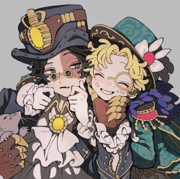 2boys ascot bishounen black_hair blonde_hair brooch cheek_pinching curtained_hair epaulettes fang freckles frilled_sleeves frills gloves grey_background grey_eyes grey_jacket grin half-closed_eyes hand_on_another&#039;s_chin hands_on_another&#039;s_cheeks hands_on_another&#039;s_face hands_up hat highres holding holding_stuffed_toy identity_v jacket jewelry light_frown long_sleeves looking_at_another male_focus mike_morton monocle multiple_boys norton_campbell open_clothes open_jacket parted_lips pinching portrait raised_eyebrows red_eyes short_hair side-by-side simple_background smile steampunk stuffed_animal stuffed_mouse stuffed_toy top_hat tsuntenponten white_gloves wing_collar zipper sleeve_zipper