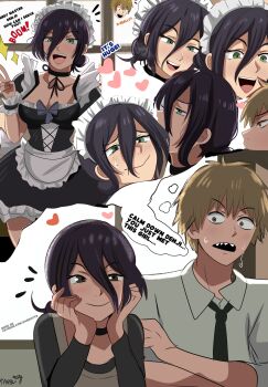 1boy 1girl absurdres alternate_costume black_choker black_hair blonde_hair blush chainsaw_man choker closed_mouth commentary denji_(chainsaw_man) english_commentary english_text enmaided green_eyes hair_between_eyes hair_bun highres imagining karbuitt maid open_mouth reze_(chainsaw_man) sharp_teeth shirt short_hair smile teeth white_shirt