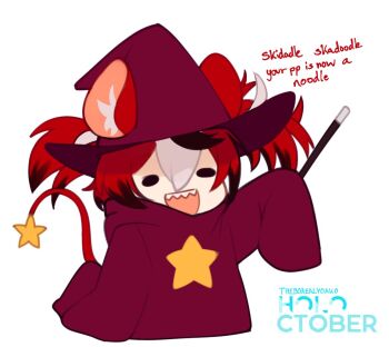 1girl :d animal_ear_fluff animal_ears artist_name black_hair english_text hakos_baelz holding holding_wand hololive hololive_english long_hair long_sleeves meme mouse_ears multicolored_hair open_mouth red_hair red_headwear red_robe robe skidadle_skadoodle_(meme) sleeves_past_fingers sleeves_past_wrists smile solo star_(symbol) star_print teeth twintails upper_teeth_only virtual_youtuber wand white_hair yoako
