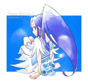 Rule 34 | 1girl, 1other, back-to-back, blue background, blue dress, blue eyes, blue hair, blue theme, blush, bow, bracelet, choker, cure diamond, dog, dokidoki! precure, dress, earrings, hair ornament, happy birthday, high ponytail, highres, hishikawa rikka, jewelry, long hair, magical girl, ponytail, precure, pro mark5a, rakeru (dokidoki! precure), short sleeves, sitting, sleeping, smile, white background