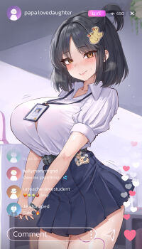 1girl absurdres black_hair blush breasts button_gap closed_mouth collared_shirt english_text fluffyebi01 heart highres id_card indoors lanyard large_breasts livestream long_sleeves loogchoob_(gaolukchup) looking_at_viewer medium_hair original pleated_skirt ponytail rubber_duck_hair_ornament school shirt shirt_tucked_in short_ponytail skirt sleeves_rolled_up solo sweat thighs vibrator_cord watch white_shirt wristwatch yellow_eyes