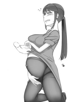 Rule 34 | 1girl, akeggle, arms under breasts, black panties, blush, breasts, clothes lift, disembodied hand, disembodied hand, dress, dress lift, hand on own crotch, kneeling, large breasts, lifting another's clothes, maternity pantyhose, molestation, monochrome, panties, panties under pantyhose, pantyhose, ponytail, pregnant, short sleeves, sweatdrop, underwear, white background