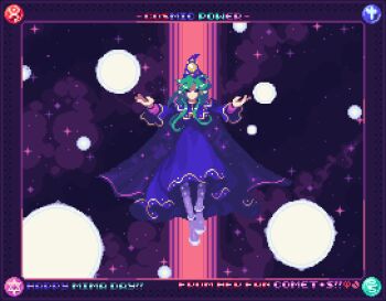 Rule 34 | 1girl, breasts, capelet, comet summoner98, cross, english text, floating, green eyes, green hair, hat, hexagram, long hair, long sleeves, medium hair, mima (touhou), night, outstretched arms, pixel art, sky, solo, touhou, touhou (pc-98), wizard hat