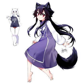 2girls animal_ears barefoot black_hair cosplay costume_switch dress ejami ekko_(ejami) fox_ears fox_girl fox_tail furry furry_female long_hair long_sleeves multiple_girls original red_eyes shirt smile tail toriel toriel_(cosplay) undertale utdr_(toby_fox) very_long_hair