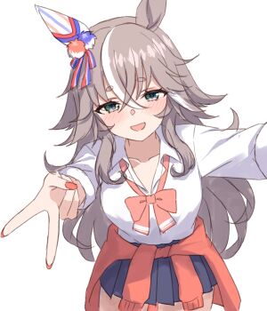 1girl absurdres age_difference animal_ears astroglia_cyte blue_eyes blue_skirt blush bow breasts cardigan cardigan_around_waist clothes_around_waist collared_shirt commentary_request ear_covers grey_hair hair_between_eyes highres horse_ears horse_girl large_breasts long_hair looking_at_viewer multicolored_hair open_mouth pink_bow pleated_skirt red_cardigan red_nails school_uniform shirt simple_background single_ear_cover skirt smile solo streaked_hair umamusume v white_background white_shirt wonder_acute_(umamusume)