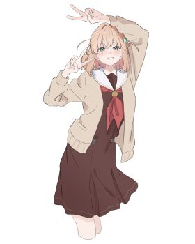 1girl arms_up borrowed_clothes brown_cardigan brown_dress cardigan commentary cropped_legs double_v dress green_eyes grin hair_intakes hair_ornament hasu_no_sora_school_uniform highres hinoshita_kaho link!_like!_love_live! long_sleeves looking_at_viewer love_live! medium_dress medium_hair murano_sayaka neckerchief open_cardigan open_clothes orange_hair pleated_dress potu_sabu rabbit_hair_ornament red_neckerchief sailor_collar sailor_dress school_uniform simple_background smile solo two_side_up v virtual_youtuber white_background white_sailor_collar winter_uniform