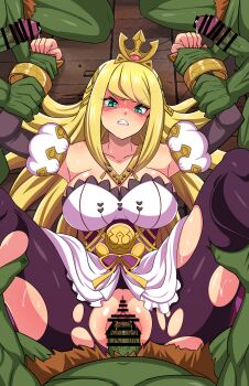 1girl 3boys absurdres angry assisted_rape bar_censor blonde_hair breasts censored chelle_(dragalia_lost) cleavage clenched_teeth commission commissioner_upload crown detached_sleeves dragalia_lost dress gang_rape glaring goblin green_eyes held_down hetero highres large_breasts leggings long_hair multiple_boys non-web_source pantyhose penis precum purple_pantyhose rape restrained sex spread_legs teeth textless_version torn_clothes torn_pantyhose vaginal wrist_cuffs yagami_(mukage)