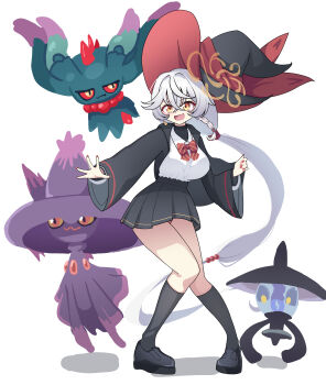 1girl 3others absurdly_long_hair absurdres black_hat black_jacket black_shoes black_skirt black_socks blue_archive bow bowtie braid commentary crossed_bangs crossover earrings eri_(blue_archive) gen_2_pokemon gen_4_pokemon gen_5_pokemon grey_hair hair_between_eyes halo hat hat_ribbon highres jacket jewelry knees_together_feet_apart lampent long_hair low_ponytail misdreavus mismagius multicolored_hair multiple_others nail_polish nintendo open_clothes open_jacket open_mouth orange_eyes panatisia pigeon-toed pleated_skirt pokemon pokemon_(creature) ponytail red_bow red_bowtie red_hair red_nails red_ribbon ribbon shirt shoes simple_background single_braid single_earring skirt smile socks streaked_hair triangle_earrings undershirt very_long_hair white_background white_shirt witch_hat