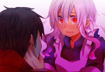 1boy 1girl aoi_choko_(aoichoco) black_hair hand_on_another&#039;s_face kagerou_project kisaragi_shintarou kozakura_marry looking_at_another md5_mismatch monaco0704 red_eyes scales silver_hair spoilers tears vocaloid