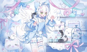 1girl :d absurdres bandaged_leg bandages bird blue_bow blue_hoodie blue_shirt blush bow commission cowboy_shot cyano donut double-parted_bangs feathered_wings food fox fox_girl fox_tail green_eyes hair_between_eyes hair_bow hands_up highres hood hood_down hoodie long_hair long_sleeves mihuashi_commission open_clothes open_hoodie open_mouth original penguin shirt shorts smile solo tail thigh_strap thighhighs white_hair white_shorts white_thighhighs white_wings wings