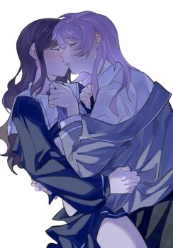 Rule 34 | 2girls, bang dream!, bang dream! it's mygo!!!!!, blue shirt, blush, chihaya anon, chinese commentary, closed eyes, commentary request, commission, grey jacket, haneoka school uniform, highres, jacket, kiss, lanserongjie, long hair, multiple girls, nagasaki soyo, pink hair, school uniform, second-party source, shirt, sweatdrop, white shirt, yuri