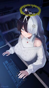 2girls ^_^ absurdres anger_vein annoyed artist_name bare_shoulders barefoot black_hair black_hoodie blunt_bangs blush book bookshelf braid braided_ponytail breasts broken_halo chair closed_eyes closed_mouth commentary commission computer computer_keyboard computer_mouse crossed_arms dark demon_girl demon_horns demon_wings english_commentary facing_ahead from_above full_body gaming_chair grey_eyes hair_over_one_eye halo happy heart heart_necklace highres hood hood_down hoodie horns indoors jewelry large_breasts long_hair long_sleeves looking_ahead mini_person minigirl model_submarine multicolored_hair multiple_girls necklace off-shoulder_sweater off_shoulder on_chair on_head original person_on_head playing_games pleated_skirt pout red_skirt ribbed_sweater shirt signature sitting skindentation skirt sleeveless sleeveless_shirt smile split-color_hair sweatdrop sweater swivel_chair thighhighs turtleneck turtleneck_shirt twitter_username two-tone_hair upper_body white_hair white_shirt white_sweater white_thighhighs wings yellow_halo zenougts