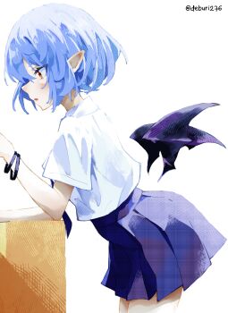 1girl absurdres artist_name bat_wings blue_hair blush bracelet commentary_request deburi276 from_side hair_between_eyes highres jewelry open_mouth pleated_skirt pointy_ears red_eyes remilia_scarlet school_uniform shirt short_hair short_sleeves simple_background skirt solo touhou twitter_username white_background white_shirt wings