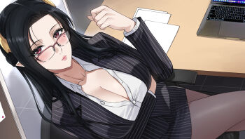 1girl arm_under_breasts black_hair black_jacket black_pantyhose black_skirt blush breasts chair cleavage closed_mouth collarbone collared_shirt commentary_request computer dress_shirt facial_mark glasses highres horns indie_virtual_youtuber indoors jacket laptop large_breasts lips long_hair long_sleeves looking_at_viewer office office_lady on_chair pantyhose paper pointy_ears red_eyes shirt sidelocks sitting skirt solo table thai_commentary umino_ciala virtual_youtuber white_shirt xter
