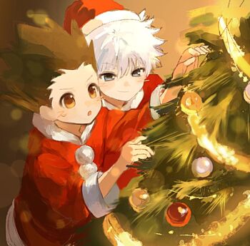 2boys alternate_costume arms_up blue_eyes blush brown_eyes christmas christmas_ornaments christmas_tree closed_mouth coat commentary_request fur-trimmed_coat fur-trimmed_sleeves fur_trim gon_freecss hat hunter_x_hunter killua_zoldyck male_focus multiple_boys open_mouth oyasai_ngate red_coat santa_costume santa_hat standing tinsel tree white_hair