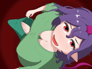 1girl breasts cleavage clothes_pull commentary downblouse from_above futanari green_pants green_shirt highres horns large_breasts large_penis pants pants_pull penis penis_peek pointy_ears purple_hair red_background red_eyes shirt single_horn smile tail tenkajin_chiyari touhou veins veiny_penis vermilinyan