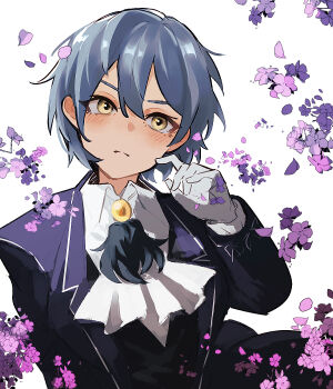 Rule 34 | 1girl, angela (project moon), ascot, black vest, blue coat, blue hair, blush, closed mouth, coat, collared shirt, flower, gloves, highres, library of ruina, long sleeves, looking at viewer, nakame77, project moon, purple flower, shirt, short hair, simple background, solo, upper body, vest, white ascot, white background, white gloves, white shirt, yellow eyes