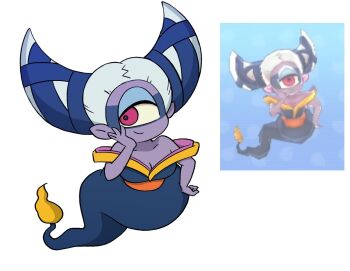 1girl bare_shoulders blanketdrawing colored_skin fuumin_(youkai_watch) game_screenshot_inset hair_horns highres looking_to_the_side one-eyed pink_eyes pointy_ears purple_skin screenshot_inset simple_background white_background youkai_(youkai_watch) youkai_watch