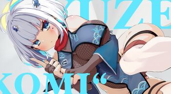 1girl antenna_hair aqua_nails black_gloves blue_eyes blush bodystocking breasts character_name cleavage closed_mouth fang fingerless_gloves fishnet_bodystocking fishnets gloves hair_ornament hairpin highres indie_virtual_youtuber kajimakoto large_breasts looking_at_viewer mindscape_cinema_(zenless_zone_zero) mole mole_under_eye nail_polish ryuzen_nikomi short_hair solo thigh_strap virtual_youtuber white_hair zenless_zone_zero
