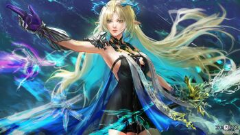 1girl arm_up armored_gloves artist_name bare_shoulders black_collar black_dress blonde_hair blue_eyes blue_hair blue_hands breasts closed_mouth collar colored_inner_hair commentary cowboy_shot crown_of_thorns darkyo07 dress earrings english_commentary fleurdelys_(wuthering_waves) floating floating_earrings floating_object floating_sword floating_weapon highres holding holding_sword holding_weapon horns jewelry large_breasts long_hair making-of_available multicolored_hair multiple_swords necklace parted_bangs pointy_ears sidelocks single_horn solo sword tabard tacet_mark_(wuthering_waves) twitter_username very_long_hair weapon white_tabard wuthering_waves yellow_horns