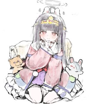 1girl 2others absurdres alternate_costume animal_ears armband aurora_sya_lis_kaymin aurora_sya_lis_kaymin_(cosplay) blue_archive blunt_bangs blush bow closed_mouth cosplay crown dress fake_animal_ears frilled_dress frilled_sleeves frills halo hand_on_own_chin headband highres light_smile long_hair long_sidelocks looking_at_viewer maou-jou_de_oyasumi miyu_(blue_archive) multiple_others pantyhose pillow pink_dress polka_dot polka_dot_dress purple_bow purple_eyes purple_socks rabbit_ears red_eyes sidelocks sitting sleepy socks solo stuffed_animal stuffed_toy teddy_bear teddy_demon ura_mieu very_long_hair white_background white_pantyhose wide_sleeves yellow_headband