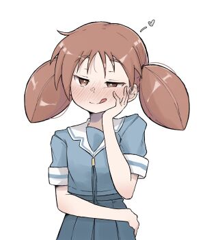 Rule 34 | 1girl, :q, arm across waist, azumanga daioh's school uniform, azumanga daiou, brown eyes, brown hair, hand on own face, heart, highres, licking lips, looking afar, mihama chiyo, naughty face, school uniform, serafuku, tongue, tongue out, twintails, zlix0n
