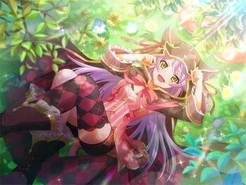 1girl alice's_adventures_in_wonderland animal_hood argyle_clothes argyle_thighhighs black_boots black_cloak blurry blurry_foreground boots bow bowtie cat_hood cheshire_cat_(alice_in_wonderland) cheshire_cat_(alice_in_wonderland)_(cosplay) cloak cosplay frilled_boots frills game_cg hood hood_up hooded_cloak long_hair long_sleeves looking_at_viewer lying multicolored_thighhighs official_art on_back open_mouth otonashi_ichie paw_pose pink_bow pink_bowtie purple_hair shoujo_kageki_revue_starlight shoujo_kageki_revue_starlight_-re_live- solo two-tone_thighhighs yellow_eyes