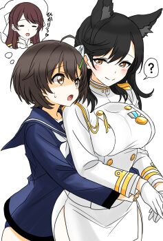 3girls =_= ? ahoge atago_(azur_lane) azur_lane black_hair blue_sailor_collar bow brave_witches breasts brown_eyes brown_hair crossover extra_ears hair_bow hair_ornament hairclip highres ibuki_(tulta_icon) karibuchi_hikari karibuchi_takami large_breasts long_hair military_uniform mole mole_under_eye multiple_girls sailor_collar short_hair simple_background spoken_question_mark swept_bangs swimsuit swimsuit_under_clothes white_background white_bow world_witches_series