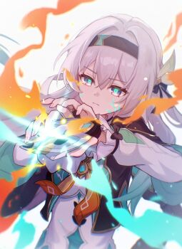 1girl absurdres aqua_pupils black_gloves black_hairband blue_bow blue_dress blue_eyes bow brown_jacket closed_mouth commentary cracked_skin dress fingernails fire firefly_(honkai:_star_rail) floating_hair gloves gold_ring green_hair grey_hair hair_between_eyes hair_bow hair_ornament hairband hands_up highres holding honkai:_star_rail honkai_(series) jacket kuroi_taimu leaf_hair_ornament long_hair long_sleeves multicolored_eyes multicolored_hair neckerchief partially_fingerless_gloves pink_eyes puffy_long_sleeves puffy_sleeves sailor_collar simple_background solo sparkle two-tone_dress upper_body white_background white_dress yellow_neckerchief