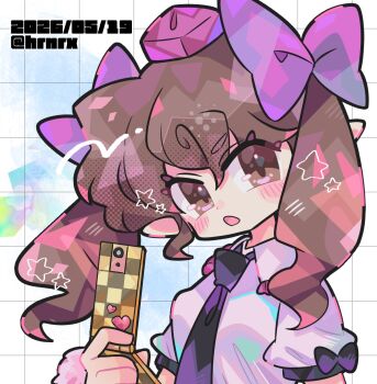 Rule 34 | 1girl, blush, bow, breasts, brown hair, cellphone, collared shirt, dated, deformed, flip phone, hair bow, harunori (hrnrx), hat, highres, himekaidou hatate, holding, holding phone, long hair, looking at viewer, medium breasts, necktie, open mouth, phone, pink shirt, pointy ears, puffy short sleeves, puffy sleeves, purple bow, purple hat, purple necktie, shirt, short sleeves, solo, star (symbol), tokin hat, touhou, twintails, twitter username, upper body