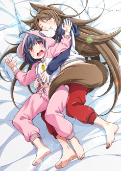 Rule 34 | 2girls, alternate costume, animal ear fluff, animal ears, barefoot, biting, biting ear, blush, brown hair, carrot print, closed eyes, commentary request, commission, ears through headwear, eichi yuu, food print, hood, hood up, hoodie, hug, hug from behind, imaizumi kagerou, inaba tewi, long hair, long sleeves, multiple girls, navel, open mouth, pants, pink hoodie, pink pants, pixiv commission, rabbit ears, rabbit girl, rabbit tail, red nails, red pants, sleeping, soles, sweatdrop, tail, toes, touhou, very long hair, white hoodie, wolf ears, wolf girl, wolf tail
